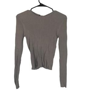 Olivaceous Gray Long Sleeve Ribbed Scoop Neck Lace Back Blouse Women Sz M